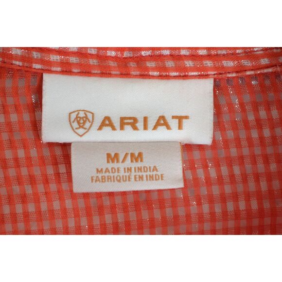 Ariat Women's Medium Red Gold Plaid Sheer Snap Button Down Long Sleeve Shirt - Picture 9 of 14